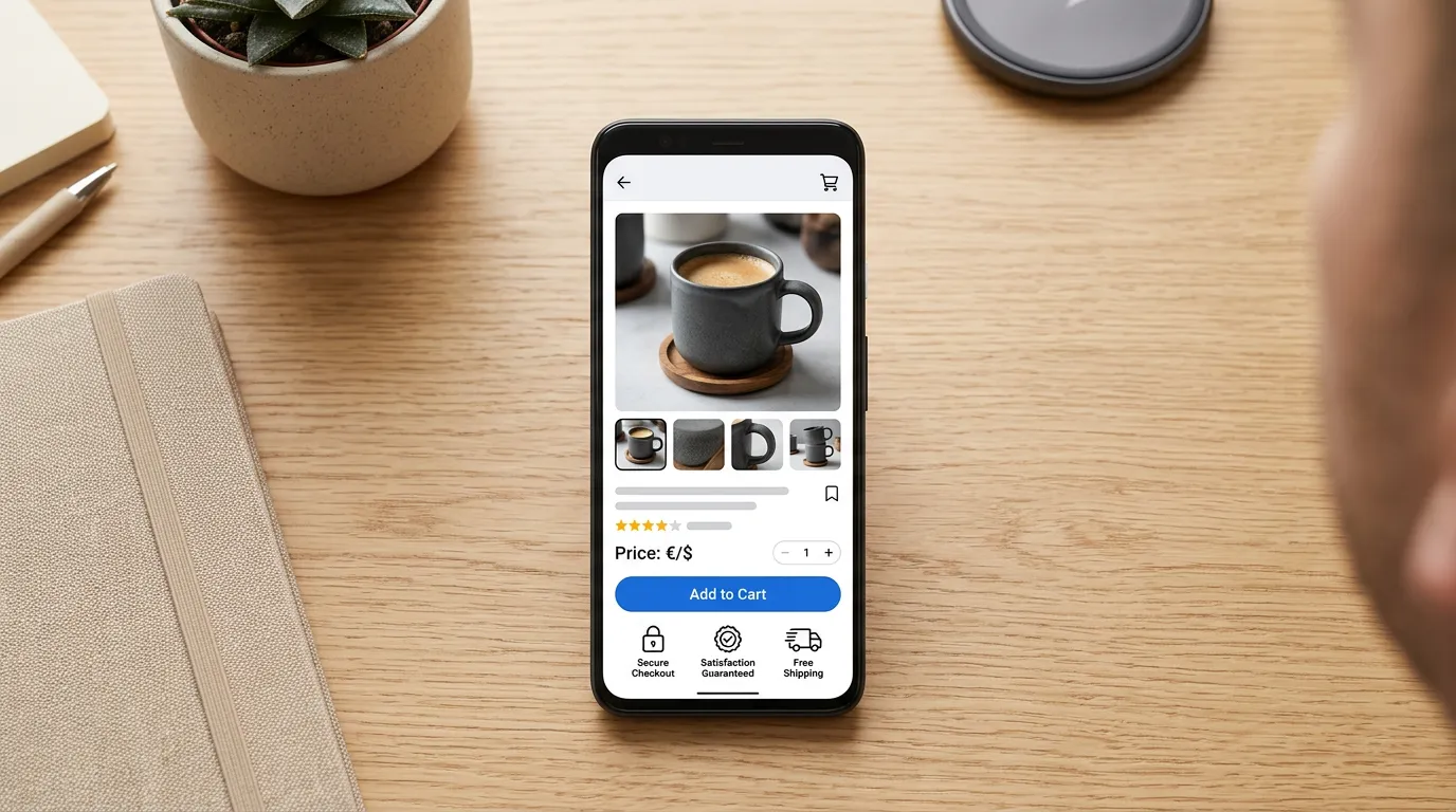 Ecommerce checkout page or product page on mobile phone screen showing optimization elements like trust badges, product images, and conversion buttons, clean desk setup